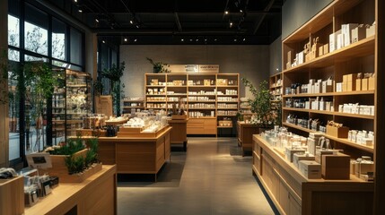 Grocery Store Interior with Wooden Shelves