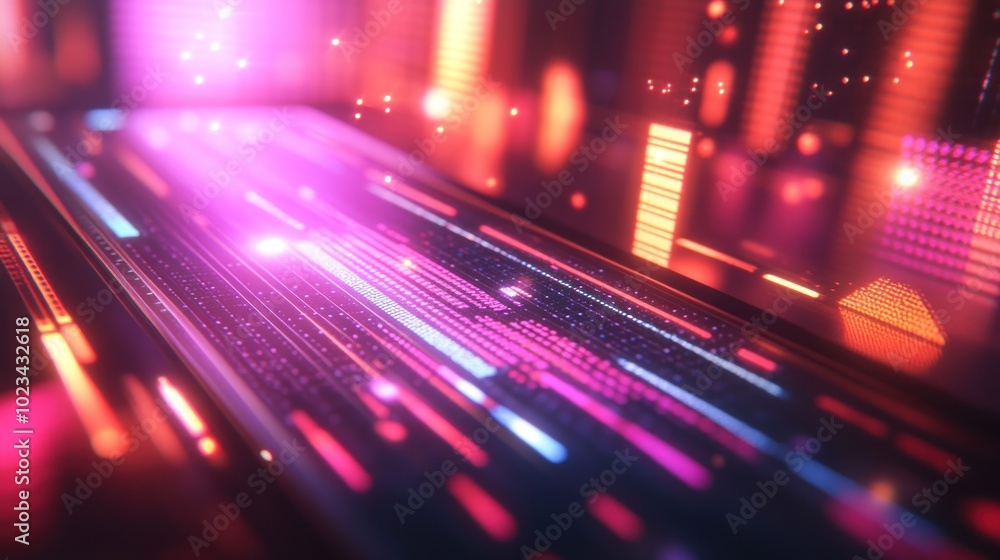 Poster a vibrant, abstract representation of digital data flow with glowing lines and particles.