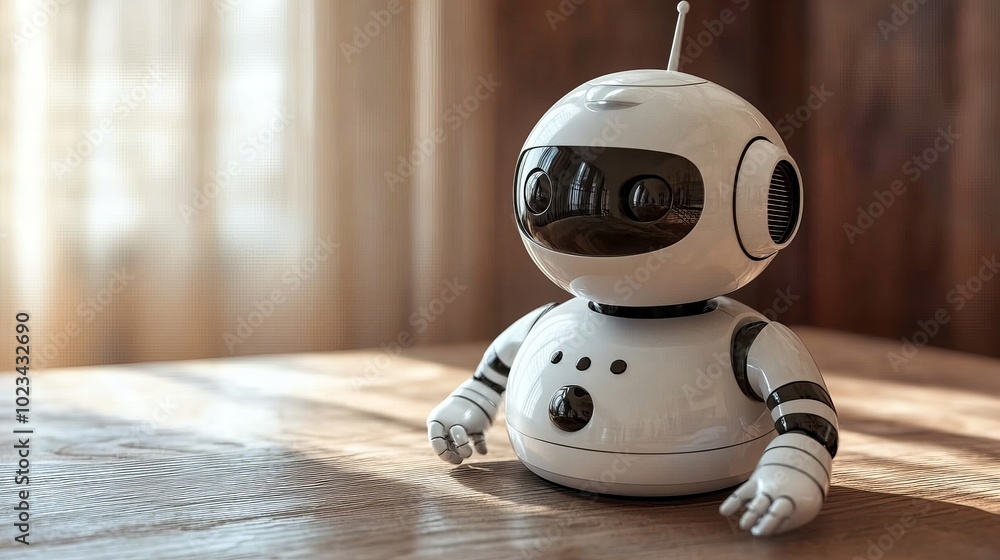 Poster a small white robot with black eyes sits on a wooden table in front of a window with sunlight stream