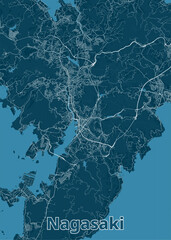 Map of Nagasaki, Japan, rendered in a minimalist style. The map features a deep blue color scheme, with white lines representing roads and waterways.