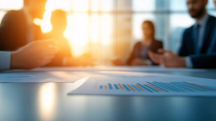 Business professionals in a year-end meeting discussing financial reports, analyzing data charts, and outlining future strategies and forecasts in a collaborative office environment