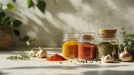 Various ground spices in bottles on white background.
