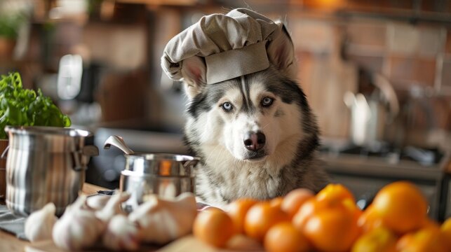 huski dog wearing chef hat in the kitchen, funny dog. ai generated