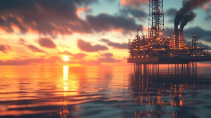 Obraz premium Sunset over an oil rig, reflecting on calm waters with industrial structures against a colorful sky.