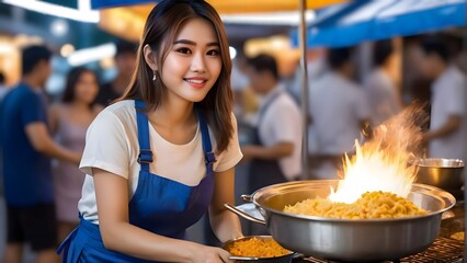 An asian woman street food vendor preparing a unique fusion dish on a food truck