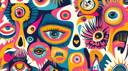 Psychedelic retro cool digital artwork. Colorful doodle human face eyeball design, 70s vintage style vivid dreamscape pop art
