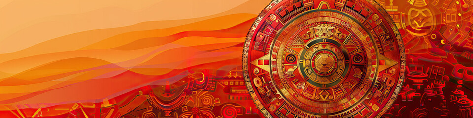A modern interpretation of a traditional Aztec calendar, featuring vivid hues of red, orange, and gold against a minimalist, abstract background.