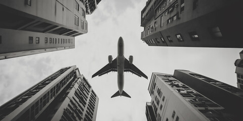 Airplane flying over city buildings in black and white
