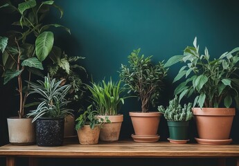 Fototapeta premium A Collection of Potted Plants Against a Teal Wall