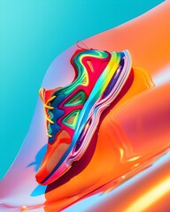 Colorful athletic sneaker with a vibrant gradient design displayed on a glossy surface against a bright background. Sportswear and fashion concept for posters and advertisements