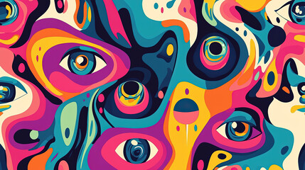 Psychedelic retro cool digital artwork. Colorful doodle human face eyeball design, 70s vintage style vivid dreamscape pop art