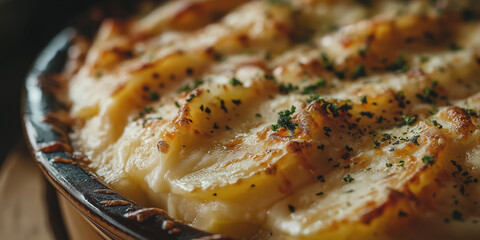Delicious french gratin dauphinois with potatoes and cheese is being prepared in a dish
