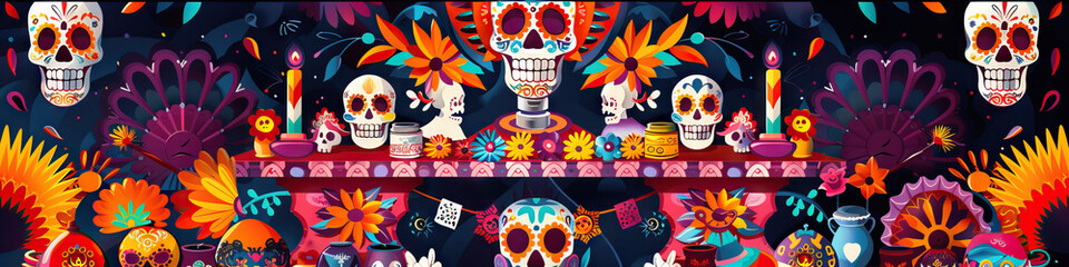 Obraz premium An intricate altar adorned with Day of the Dead-inspired ornaments, showcasing the vibrant colors of Mexican religion in an abstract background.