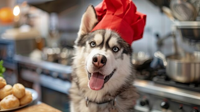 huski dog wearing chef hat in the kitchen, funny dog. ai generated