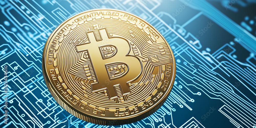 Poster Bitcoin cryptocurrency coin lying on circuit board showing blockchain technology