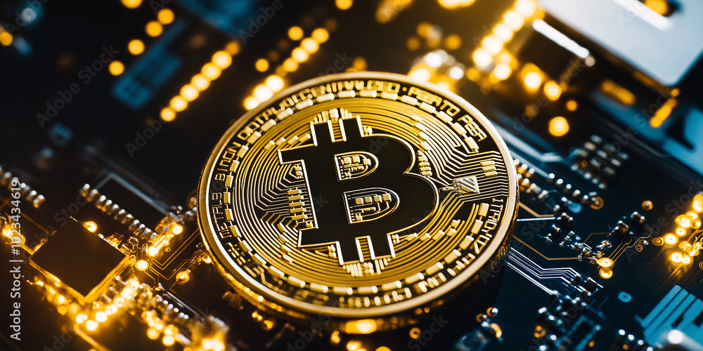 Poster golden bitcoin lying on computer motherboard is illuminating