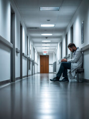 Young doctor in a hospital corridor upset and worried over a mistake or loss of someone