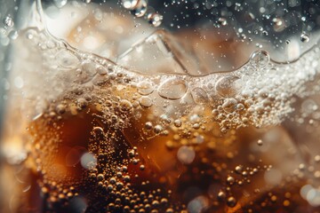 Fizzy cola with ice and bubbles close-up