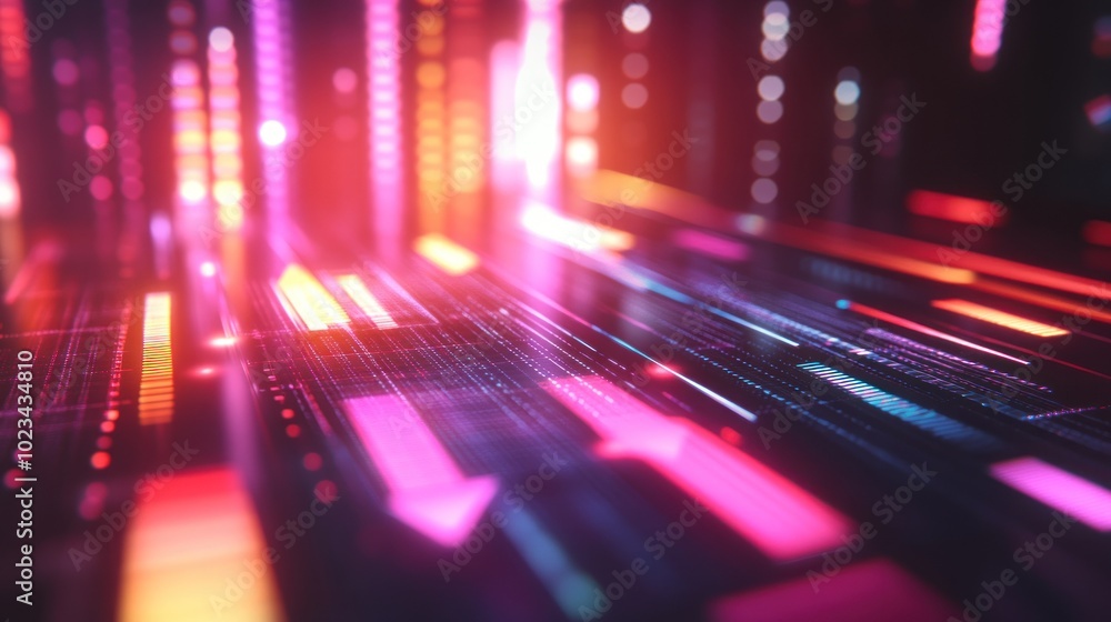 Poster abstract digital landscape with vibrant colors and glowing lines, representing data flow.