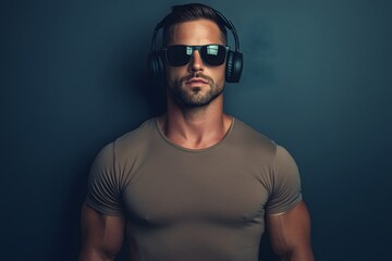 Fototapeta premium cool, confident and modern man in casual clothes wearing black sunglasses and headphones
