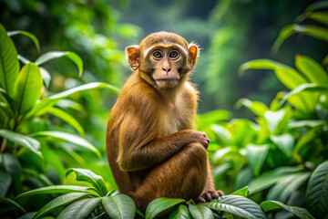 Fototapeta premium brown monkey sitting peacefully among lush green foliage in vibrant jungle, showcasing its curious expression and natural habitat