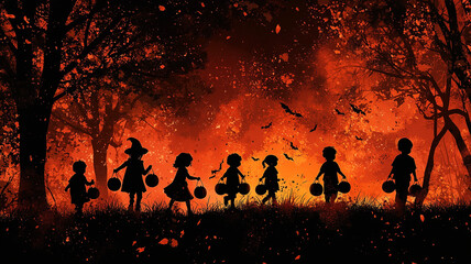 Fototapeta premium Children in Halloween costumes walking with pumpkin baskets against fiery orange background, surrounded by trees and bats, creating spooky yet festive atmosphere