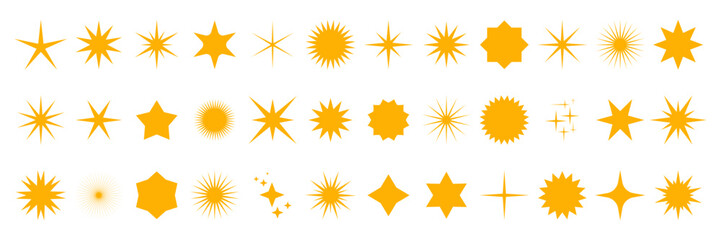 Set of yellow stars. Shining twinkle. Sparkle. Stars shapes collection for design template, poster, banner, brochure. Vector illustration isolated on white background