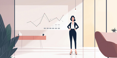 Confident businesswoman standing in modern office with graph on wall
