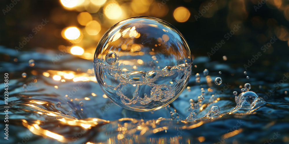 Poster transparent sphere floating above water surface with golden bokeh lights