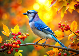 bright blue jay perches gracefully on branch surrounded by vibrant autumn leaves and berries, showcasing beauty of nature in colorful setting