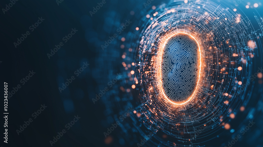 Poster close-up of a smart device's fingerprint scanner activating, glowing security interface representing