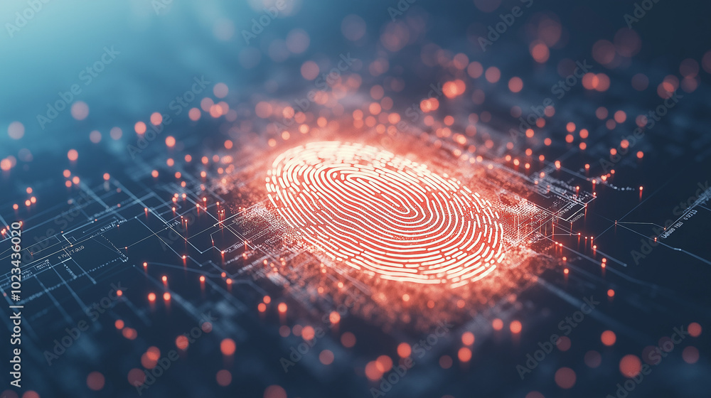 Poster close-up of a smart device's fingerprint scanner activating, glowing security interface representing