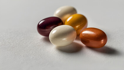 Five Multicolored Pills on White Background