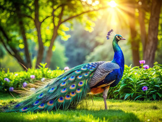 Obraz premium vibrant blue peacock showcasing its stunning plumage in lush garden, illuminated by soft sunlight filtering through trees, creates serene and enchanting atmosphere