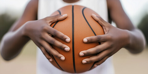 Young basketball player holding basketball close up