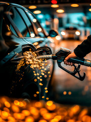 Conceptual high costs of fuel at the garage forecourt with coins coming out of the end of a petrol pump nozzle