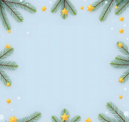 Fence of fir branches and golden stars on snow-blue background. Merry Christmas and happy New Year! Winter holiday template with space for text, suitable for greeting cards, invitations, banners and p