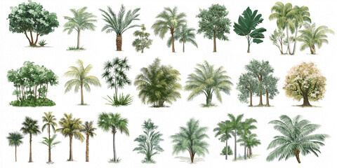 Collection of realistic tropical trees standing on white background