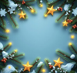 Fence of fir branches and golden stars on snow-blue background. Merry Christmas and happy New Year! Winter holiday template with space for text, suitable for greeting cards, invitations, banners and p