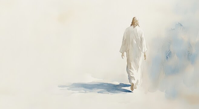 Watercolor Painting of a Man in White Robes Walking Away