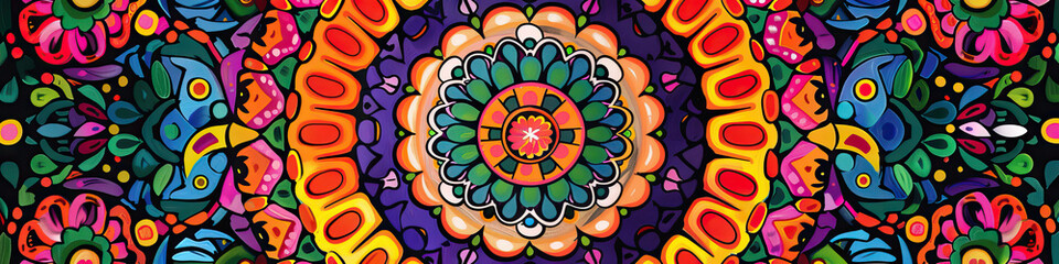 An intricate mandala, hand-drawn with vibrant colors, symbolizing the interconnectedness of all things in Mexican culture.