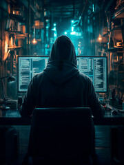 Conceptual computer hacker working on a computer in a darkened room