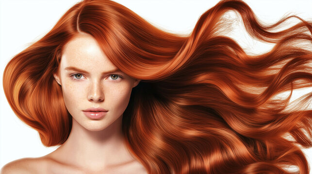 Beautiful woman with long healthy red hair flowing in the wind