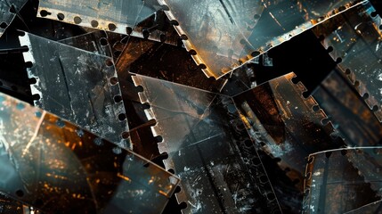 A collection of overlapping film frames creates an abstract design, highlighting textures and reflecting light in various shades and patterns, evoking creativity and nostalgia