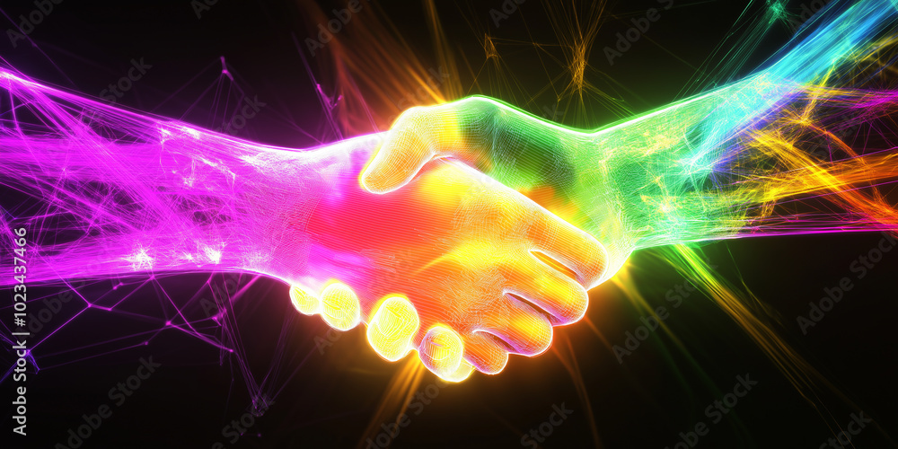 Poster Two hands shaking with colorful energy flowing between them
