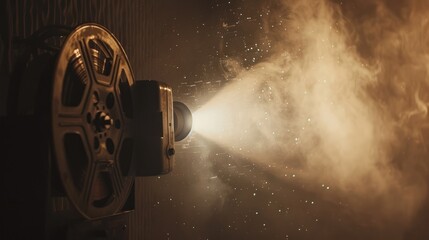 The retro movie projector casts a warm beam of light through swirling smoke, evoking a sense of nostalgia and excitement in a dimly lit environment