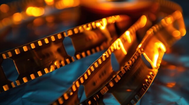 A close-up view reveals a celluloid film strip glowing warmly as it is held against a shimmering surface, showcasing the beauty of analog media