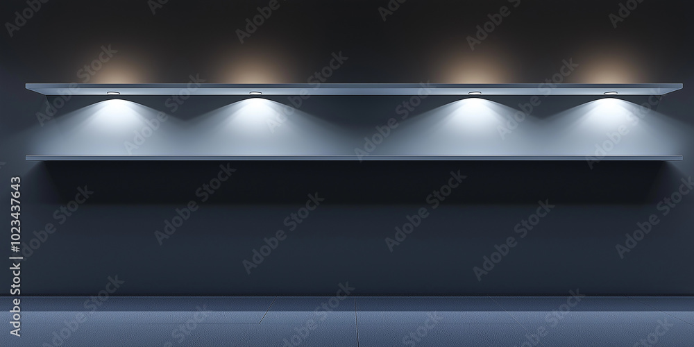Poster empty shelf being illuminated by spotlights on a gray wall