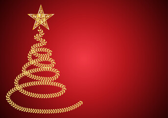 Árbol de navidad dorado con estrellas sobre fondo de degradado rojo
