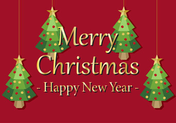 Felicitaci&oacute;n de navidad y a&ntilde;o nuevo dorado con &aacute;rboles de navidad en fondo rojo